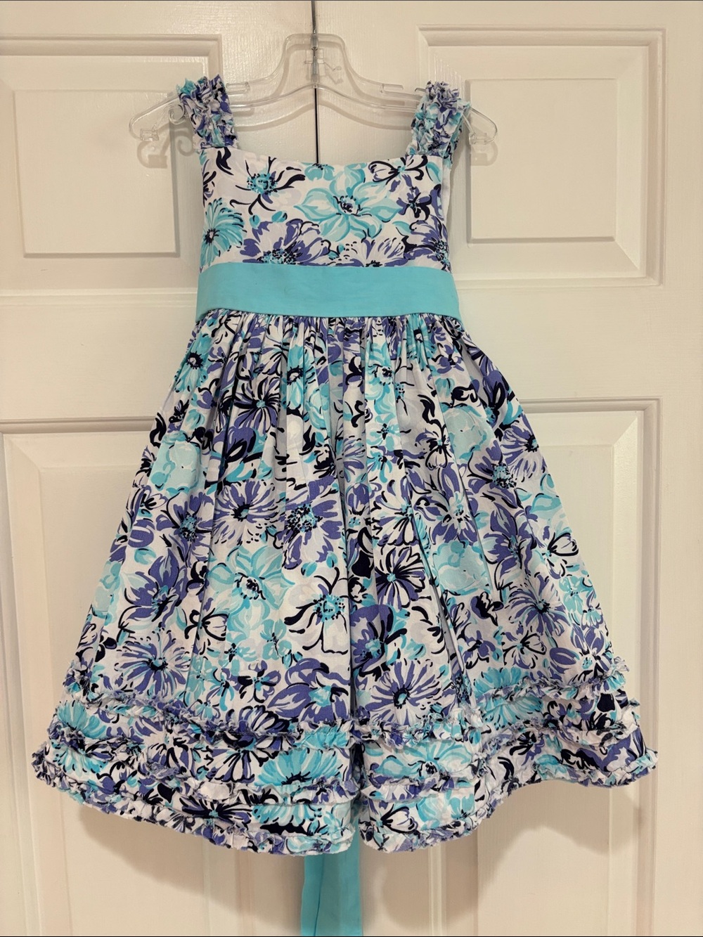 Lydia Jane Girls Floral Aqua and Purple Sundress with Sash Size 4T EUC